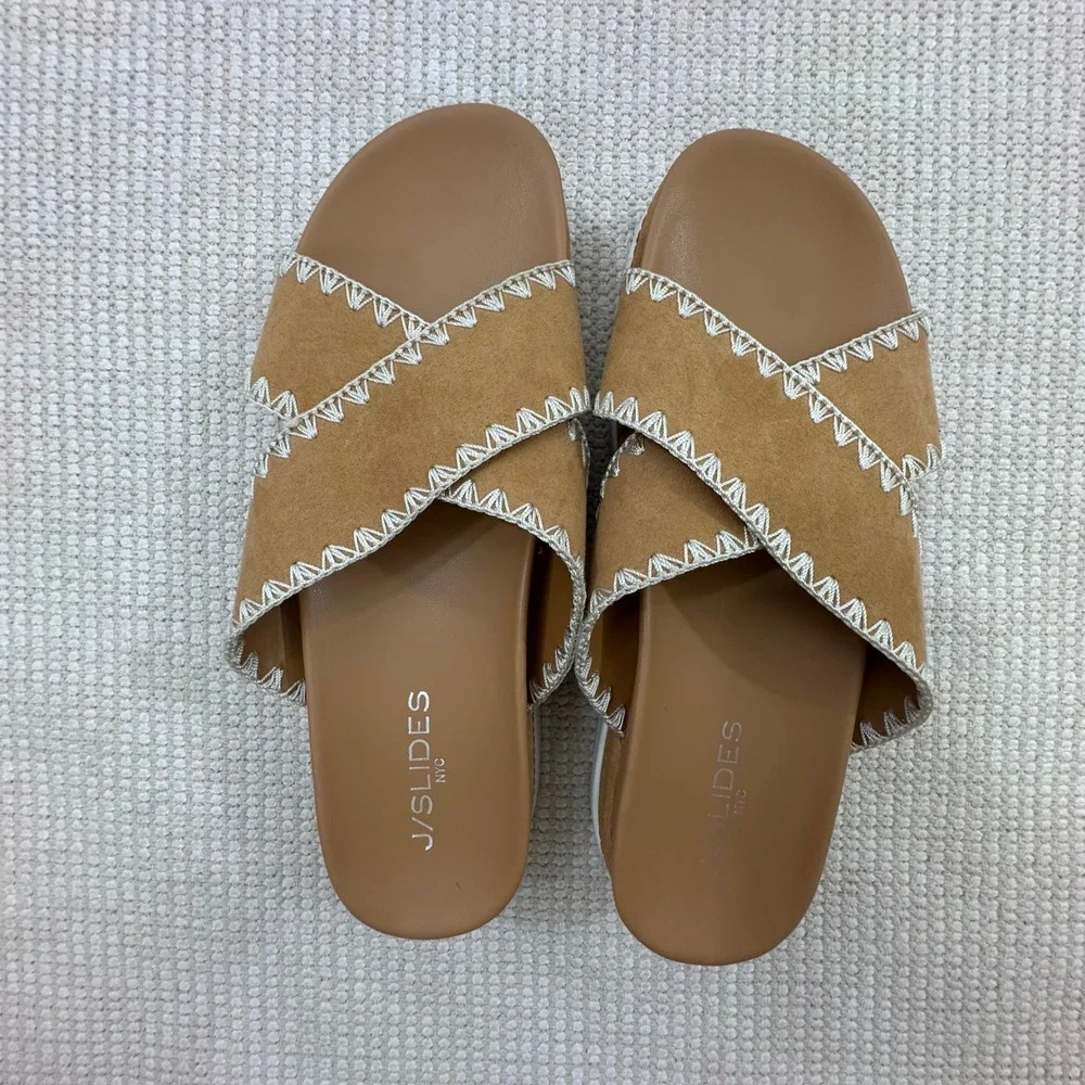 J/Slides‎ NYC Womens 10M Tan Whipstitch Crisscross Platform Slide Sandals Camel